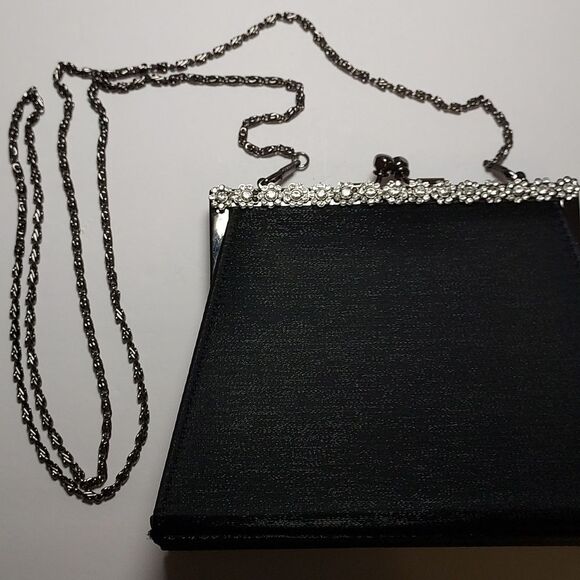 Vintage Black Evening Bag Fabric Kisslock With Rhinestones - Picture 11 of 14